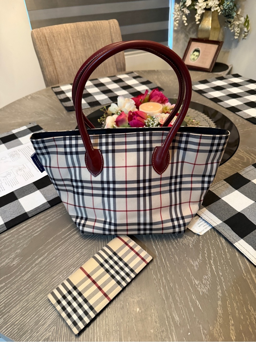 Burberry Beige Check Tote with Burgundy Handles